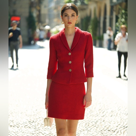 Karen Millen Tweed Set Elegant Red Skirt Suit - Picture 1 of 13